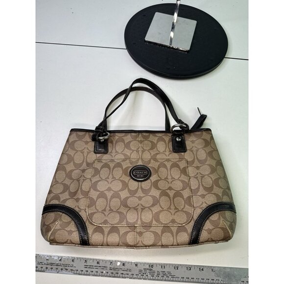 Coach Brown Peyton Signature Logo Heritage Handbag Leather Tote EUC - Picture 10 of 11